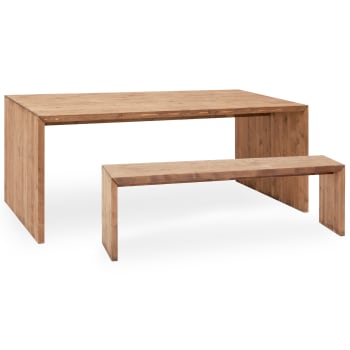 Telva - Pack mesa comedor y banco de madera maciza envejecido de 160cm