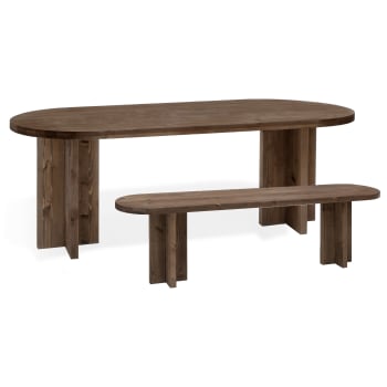 Tokyo - Pack mesa comedor ovalada y banco de madera maciza nogal 180x75cm