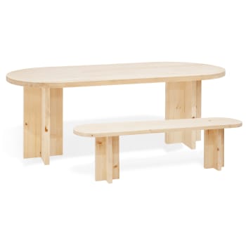 Tokyo - Pack mesa comedor ovalada y banco de madera maciza natural 180x75cm