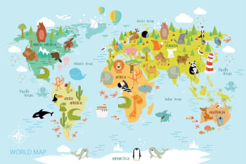 Mappa del mondo da Cuadro e animali Stampa su tela 90x60cm