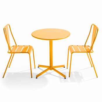 Palavas - Mesa redonda de conjunto y 2 sillas de jardín estilo de metal amarillo