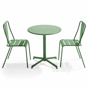 Palavas - Ensemble table ronde et 2 chaises de jardin en métal vert cactus