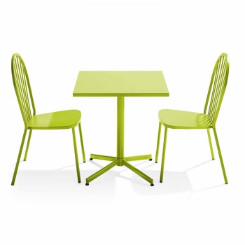 Palavas - Ensemble table carrée de jardin inclinable et 2 chaises bistrot vert