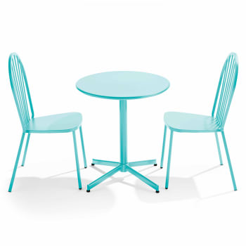 Palavas - Ensemble table ronde et 2 chaises de jardin bistrot en métal turquoise