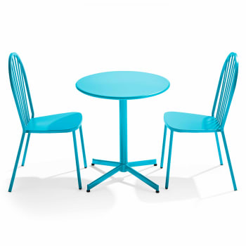 Palavas - Ensemble table ronde et 2 chaises de jardin bistrot en métal bleu