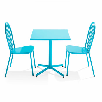 Palavas - Ensemble table carrée de jardin inclinable et 2 chaises bistrot bleu