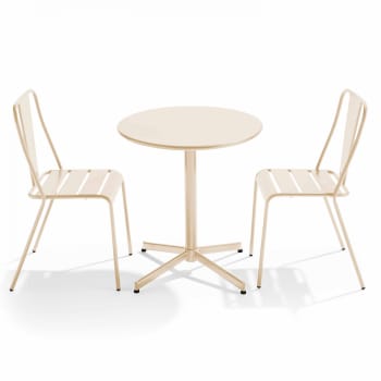 Palavas - Ensemble table ronde et 2 chaises de jardin bistrot en métal ivoire