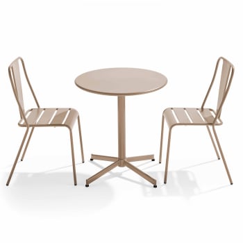 Palavas - Ensemble table ronde et 2 chaises de jardin bistrot en métal taupe