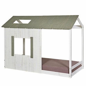 Koh - Cama casita y colchón madera maciza  blanco y gris 90x190 cm