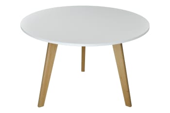 OLIVER - Tavolino da salotto rotondo con top bianco in mdf e piedi in legno
