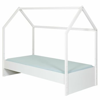 Pika - Pack lit cabane avec matelas effet bois blanc 90x190 cm