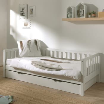 Lit Gigogne Barbara 3 Couchages 90x200cm - Bois Massif Blanc, Banquette Et Tiroir De Rangement, Idéal Chambre D'Amis Ou Enfant