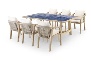 Bisbal & siena - Ensemble de table en bois bleu et céramique et 6 chaises