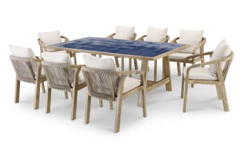 Bisbal & siena - Set de mesa de madera y cerámica azul y 8 sillas