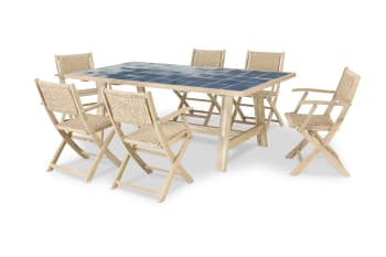 JAVA LIGHT - Ensemble table céramique bleue 205x105 et 6 chaises