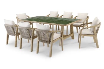 Bisbal & siena - Ensemble de table en bois vert et céramique et 8 chaises
