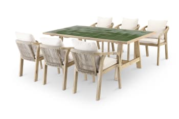 JAVA LIGHT & RIVIERA - Set de mesa de madera y cerámica verde y 6 sillas