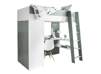 MANLY - Lit mezzanine avec bureau et armoire Blanc Et Vert
