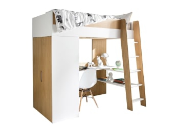 MANLY - Lit mezzanine avec bureau et armoire Blanc Et Bois