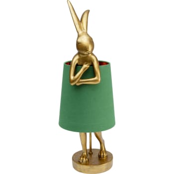 Animal - Lampe lapin en polyrésine dorée et abat-jour en lin vert H68