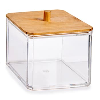 Boîte à coton-tiges transparent et bambou 9.1x9.1x8cm