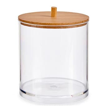 Boîte à coton-tiges ronde transparent et bambou 10x10x11cm