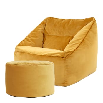 Natalia - Pouf fauteuil avec repose-pied rond velours jaune ocre