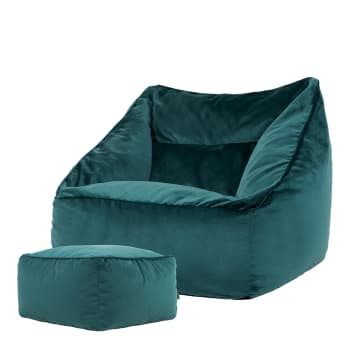 Natalia - Pouf fauteuil avec repose-pied carré velours bleu canard