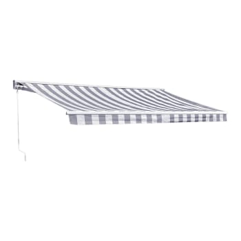 Saule - Store banne 3,95 × 3m avec semi-coffre toile rayée blanche/grise
