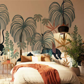 Papel pintado panoramico selva tropical con tigres color 225x250 beige