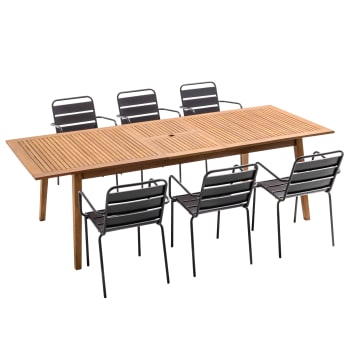 Chicago - Ensemble table de jardin extensible en bois exotique et 6 fauteuils