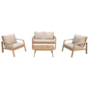 Gili - Conjunto de muebles de jardín de 4 plazas de acacia con cojines arena