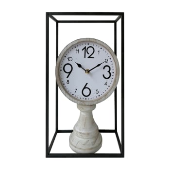 Reloj de mesa vintage de madera y metal blanco y negro