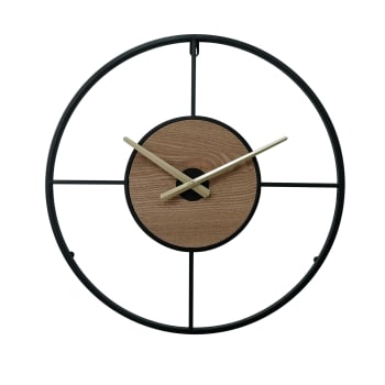Reloj redondo de metal y madera negro, marrón y dorado D.50 cm