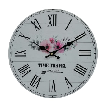 Reloj redondo de madera negro, blanco y rosa con tema floral D.33,8 cm