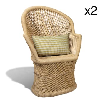 Zamzebe - Lot de 2 fauteuils en bambou naturel avec deux coussins beiges