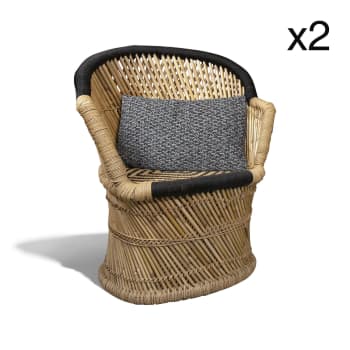 Zamzebe - Lot de 2 fauteuils en bambou naturel et noir avec deux coussins noirs