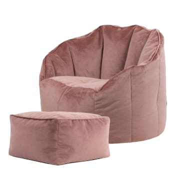 Sirena - Pouf fauteuil avec repose-pied velours rose aube