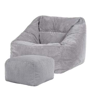 MORGAN - Pouf fauteuil avec repose-pied carré velours côtelé gris clair