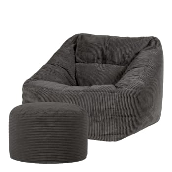 MORGAN - Pouf fauteuil avec repose-pied rond velours côtelé gris anthracite