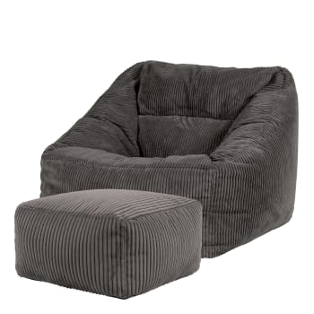 MORGAN - Pouf fauteuil avec repose-pied carré velours côtelé gris anthracite