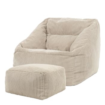 MORGAN - Pouf fauteuil avec repose-pied carré velours côtelé beige galet