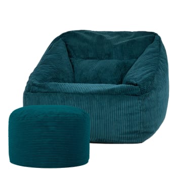 MORGAN - Pouf fauteuil avec repose-pied rond velours côtelé bleu canard
