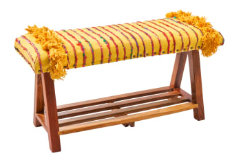 FANTASY - Panca imbottita in tessuto e legno gialla con frange