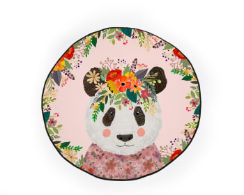 Floral panda - Runder Kinder-Teppich mit Piqué-Druck, floralem Pandamotiv.