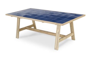 Bisbal - Table à manger de jardin en bois bleu et céramique 205x105
