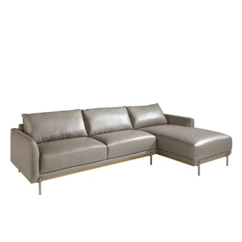 Canapé d'angle en cuir gris et acier 5 places