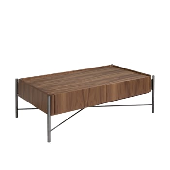 Table basse rectangle effet bois noyer et acier 120 x 70 x 38 cm.