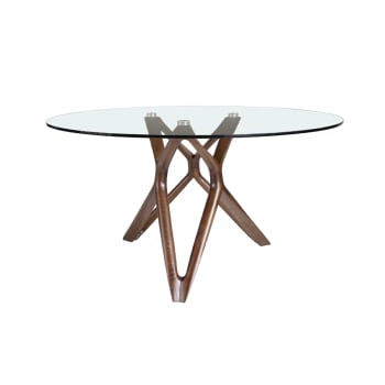Table à manger ronde en verre et effet bois noyer Ø130 x 75 cm.