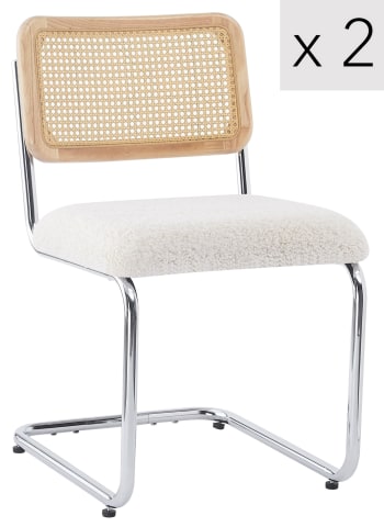 Set 2 sedie in acciaio e rattan con seduta in lana bianca